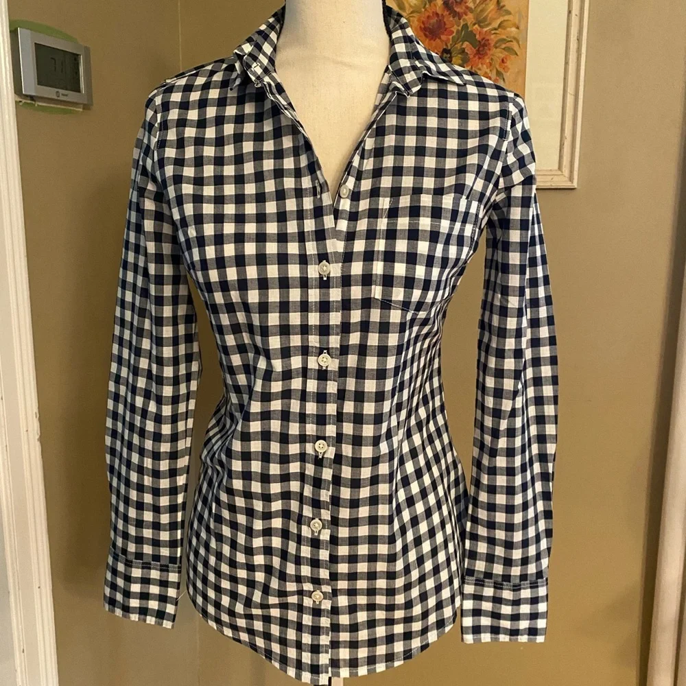 J. Crew The Perfect Shirt Gingham Blue White Plaid Checker Button Down Shirt XXS